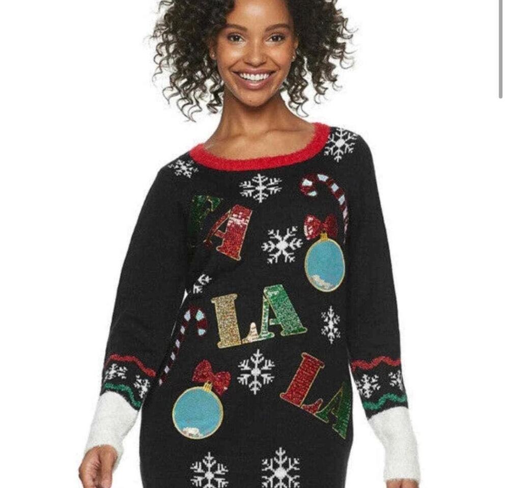 Christmas Ugly Sweater Mini Dress Sequin Holiday Party Tunic Black L Applique